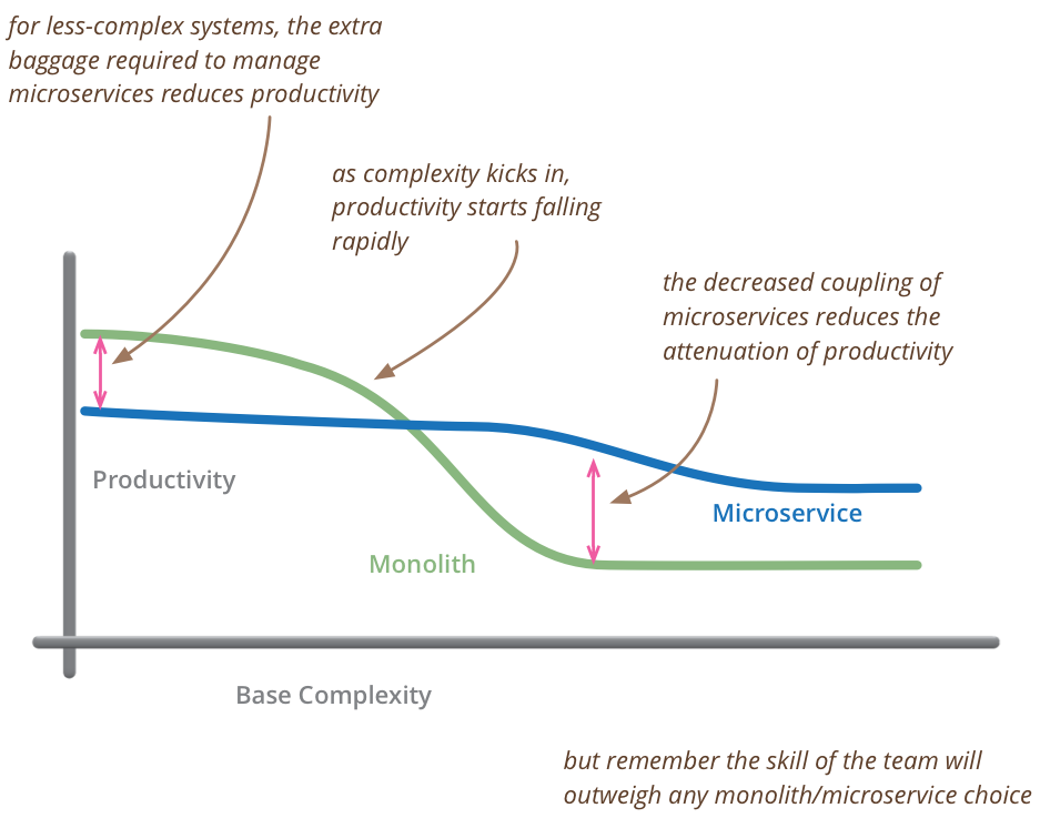 Complexity and Productivity of monoliths and microservices