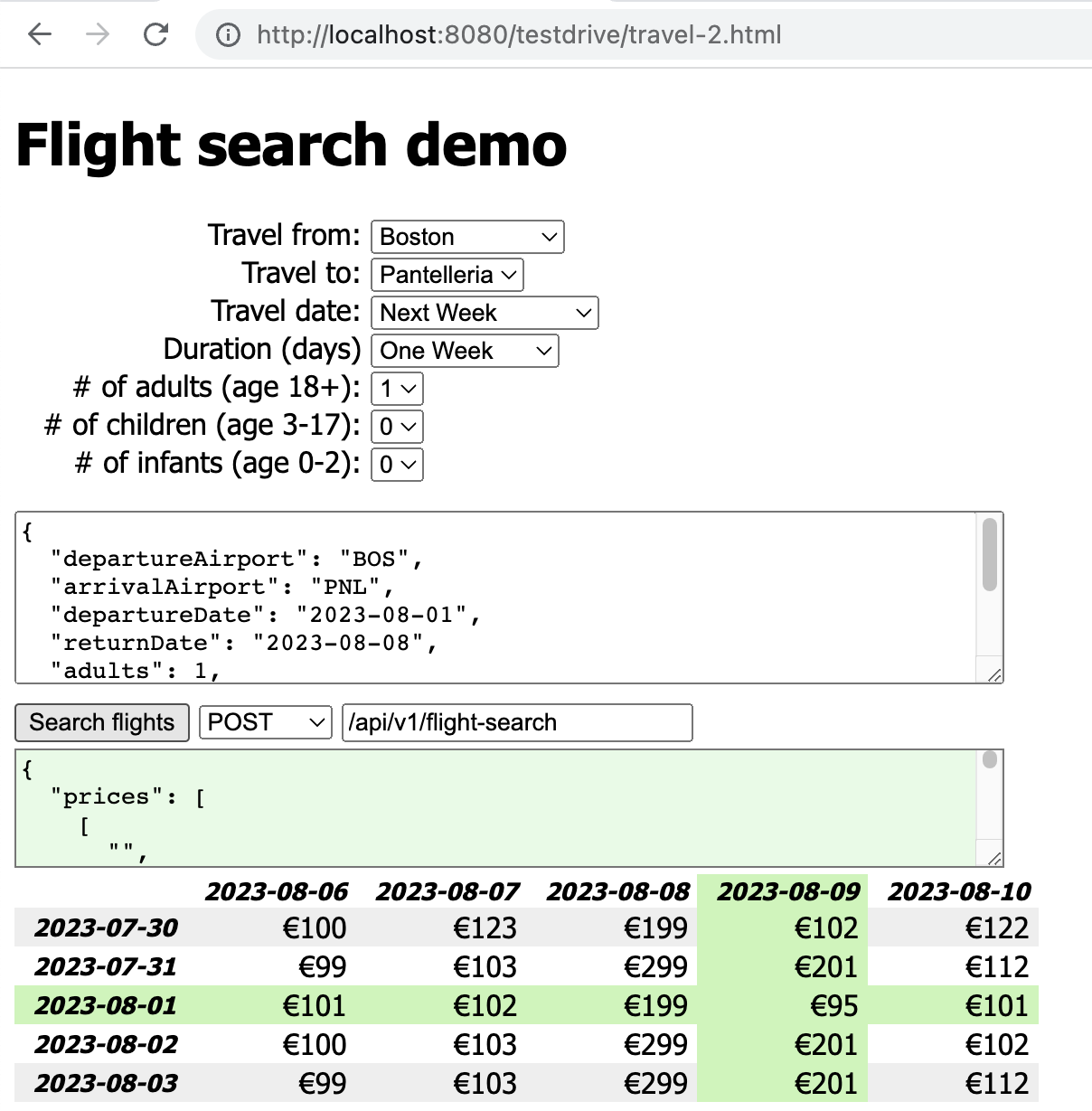 Again the same page, now with an HTML         table, presenting the JSON response in an easier-to-read way