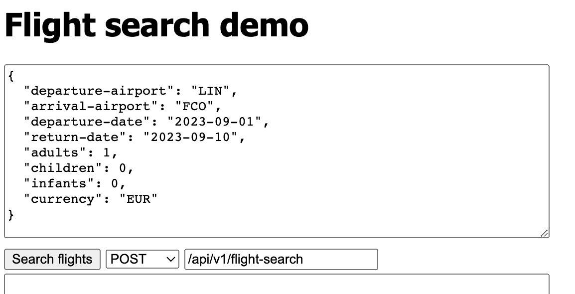 A screenshot of another         demo page, for a fictitious flight search API, with a more complicated         payload