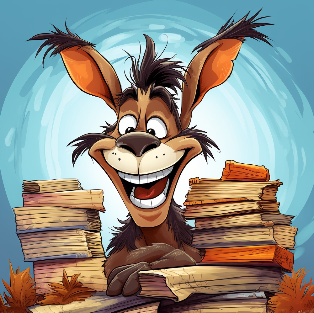a cartoonish picture of a very excited donkey among a stack of books