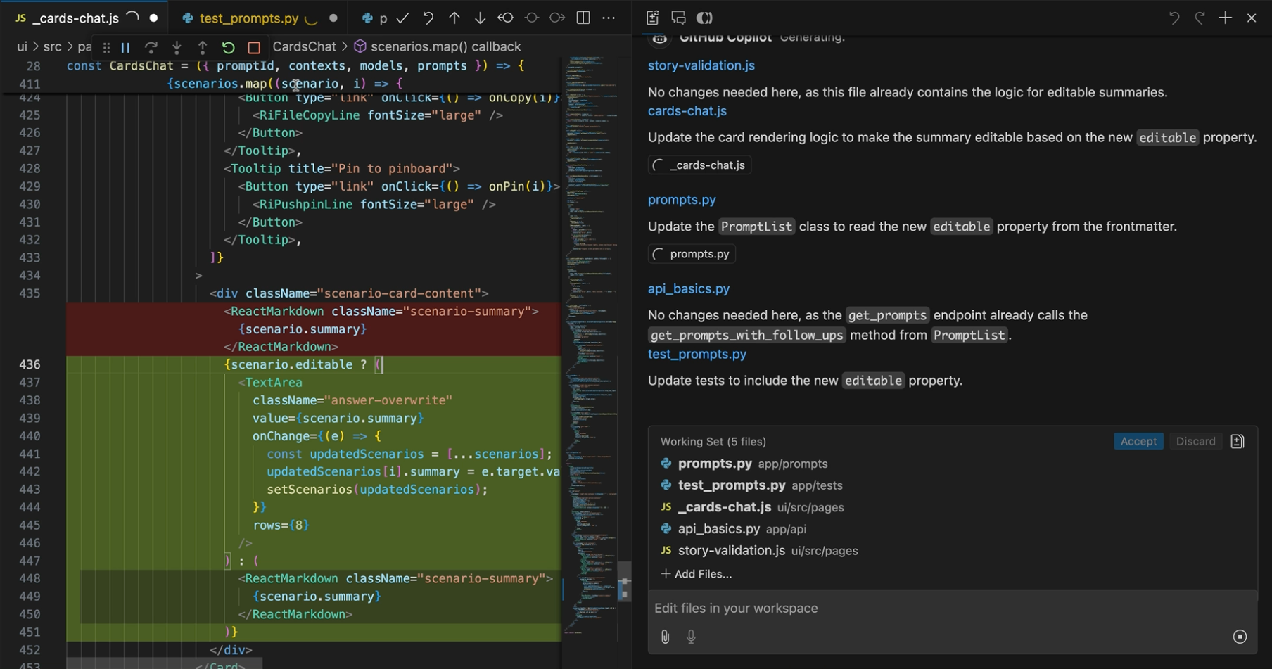 Screenshot of GitHub Copilot's multi-file editing mode